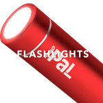 Image of red flashlight on white background. White text overlay says 