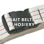 Close-up of white gait belt with black buckle on white background. White text overlay says 