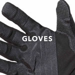 Close-up image of black work glove on white background. White text overlay says 