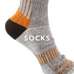 Image of a gray, orange and black sock against a white background. White text overlay says 