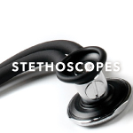 Image of a black stethoscope on a white background. White text overlay says 