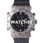 Image of black and gray watch against a white background. White text overlay says 