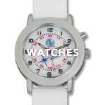 Image of white medical watch against a white background. White text overlay says 