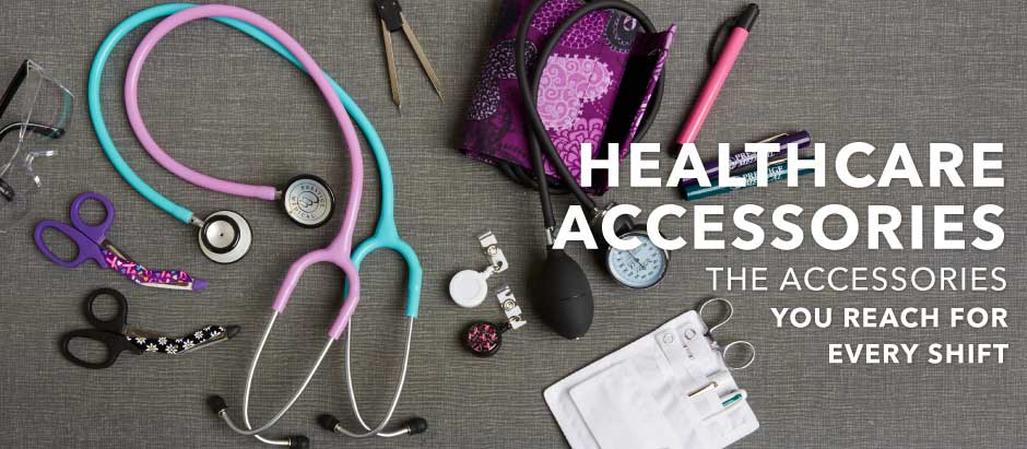 Image of a blood pressure monitor, stethoscopes, ID badge holders and other healthcare accessories laid on a gray background. Text overlay says 