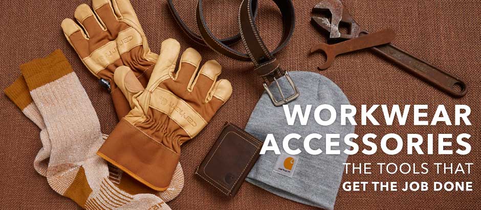 Image of a brown Carhartt work glove, brown belt, gray beanie, brown wallet and a wrench laid on a brown background. White text overlay says 