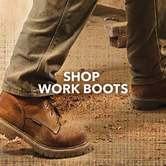 Closeup image of work boots outside in the dirt. Text says 
