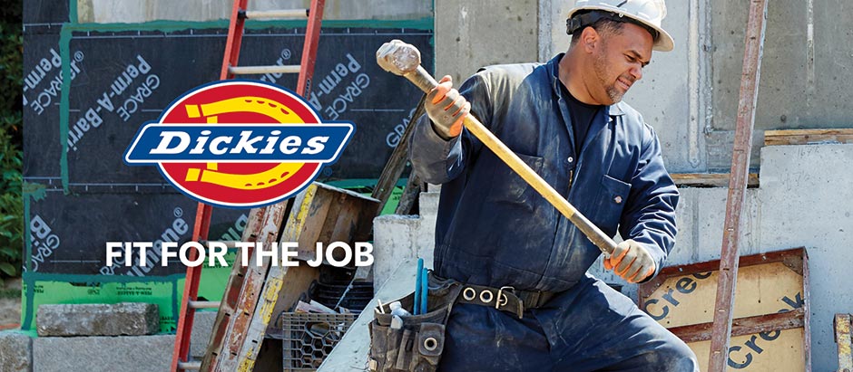 Image of a man swinging a sledgehammer outside. The Dickies logo and 