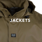 Close-cropped image of a taupe rain jacket. White text overlay says 
