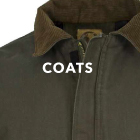 Close-cropped image of a dark green work coat. White text overlay says 