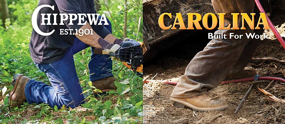 Two images spliced together. The left image is of a man kneeling in a forest using a power tool. Chippewa logo is overlaid. The right image is of a man working in the forest wearing a pair of logger boots. Carolina logo is overlaid.