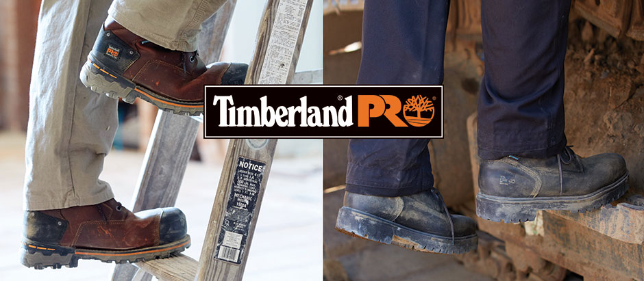 Image of a man wearing work boots. Timberland Pro logo is overlaid.