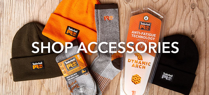 Image of accessories laid out on a table: Orange knit hat, brown knit hat, socks, insoles and a black knit hat. Text says 
